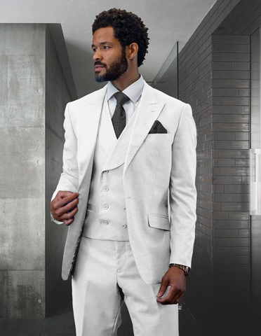 Mens One Button Peak Lapel Vested Wedding Suit with Gold buttons in White