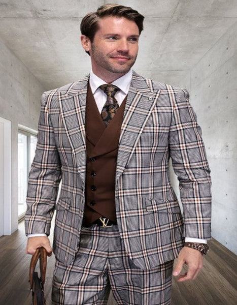 Khaki Plaid Suit - Vested Suit - 3 Piece Suits - Peak Lapel Suits - Windowpane Suit - 2 Button