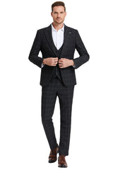 Men's One Button Peak Lapel Vested Bold Chalk Windowpane Plaid Suit In Black - Men's Tuxedo USA