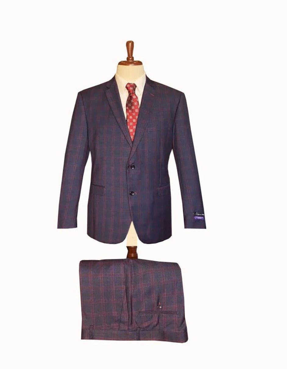 Mens Plaid Suits - Windowpane Wool Suits - Navy Blue with Dark Burgundy Pattern - Business  Suit  in Modern fit - Men's Tuxedo USA