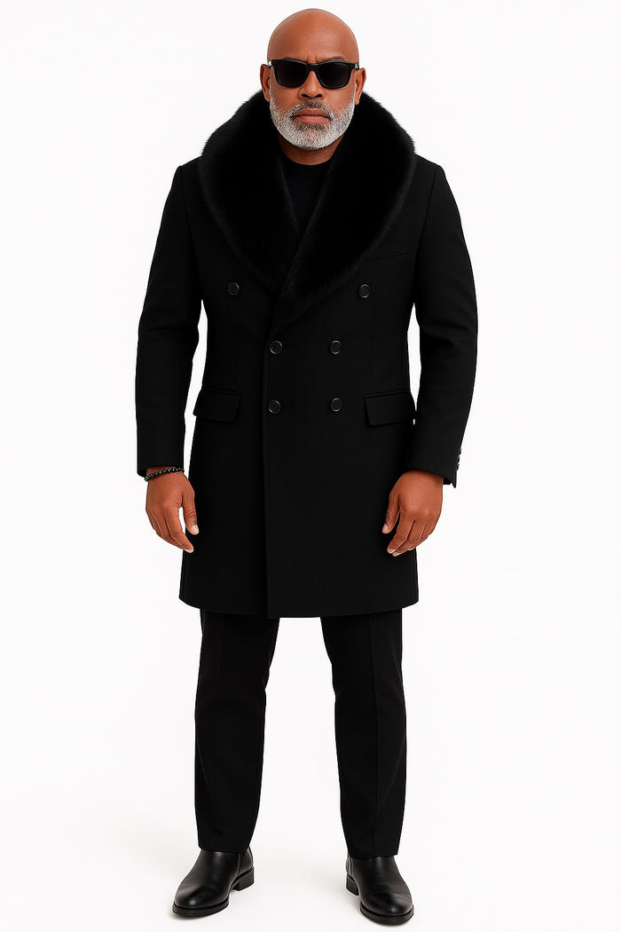 Mens Black Double-Breasted Overcoat with Oversized Faux Fur Collar  Winter Luxury Coat