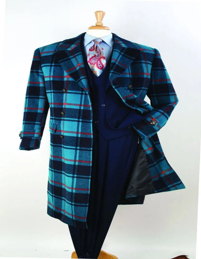 Men's Blue Plaid Wool Overcoat  Double-Breasted Long Winter Coat with Wide Lapel - Full Length