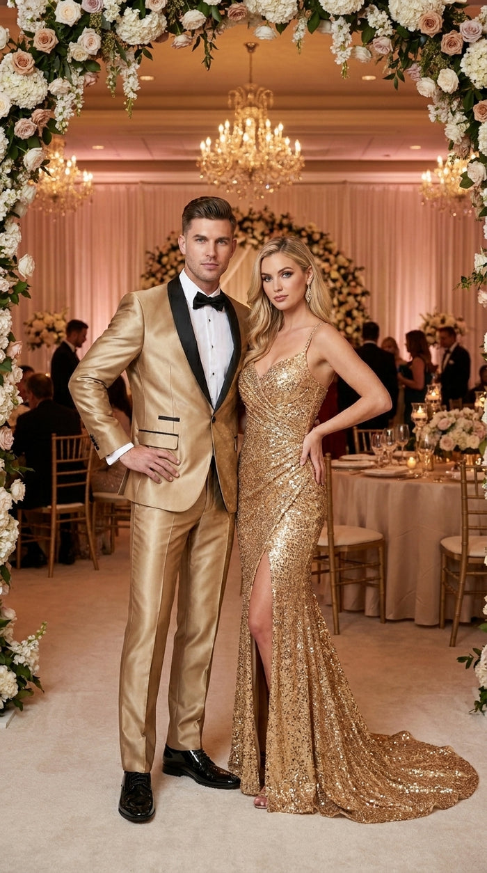 Men’s Gold Shiny Sharkskin Tuxedo with One Button Jacket, Black Shawl Lapel and Matching Pants