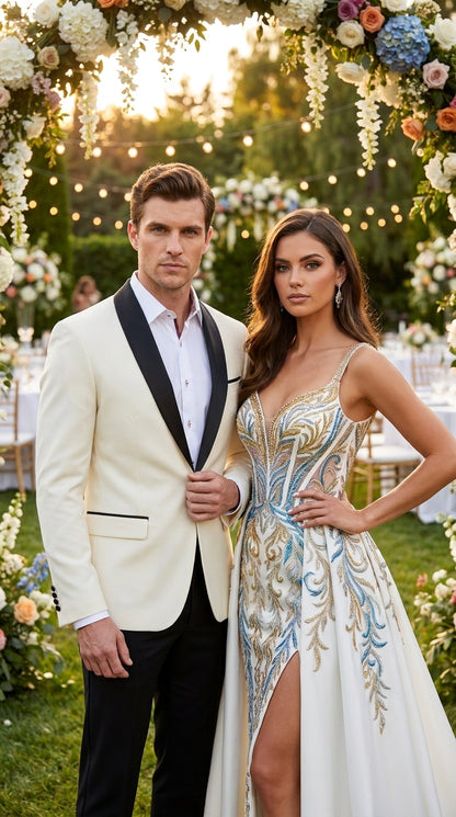 Men’s Ivory and Black Dinner Jacket, One Button Contrast Shawl Collar Formal Tuxedo Blazer