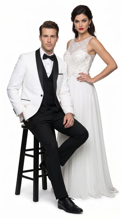 Men’s White and Black Shawl Lapel Dinner Jacket, 1 Button Wool Formal Tuxedo Blazer