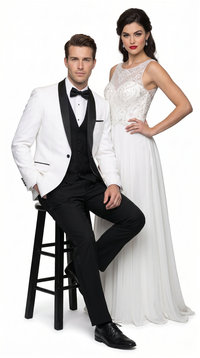Men’s White and Black Shawl Lapel Dinner Jacket, 1 Button Wool Formal Tuxedo Blazer