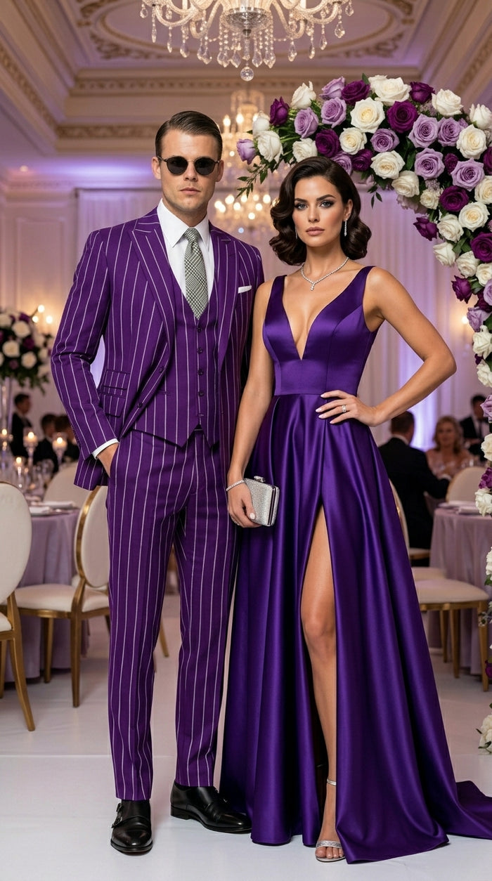Men’s Purple Pinstripe 1920s Gangster Suit, Vintage Formal 3 Piece Wedding Prom Suit Set