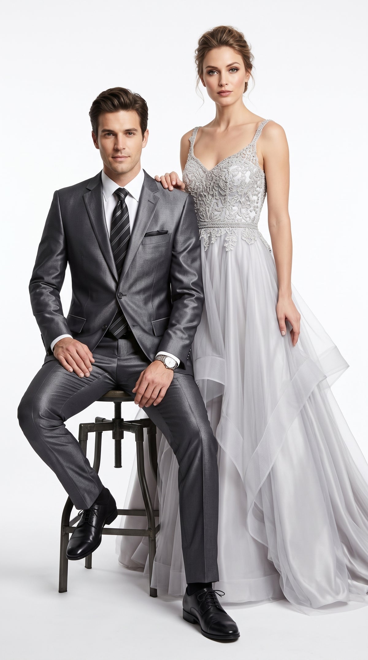 Men’s Gray Silver Sharkskin Suit, Slim Fit Shiny Formal Wedding Business Suit