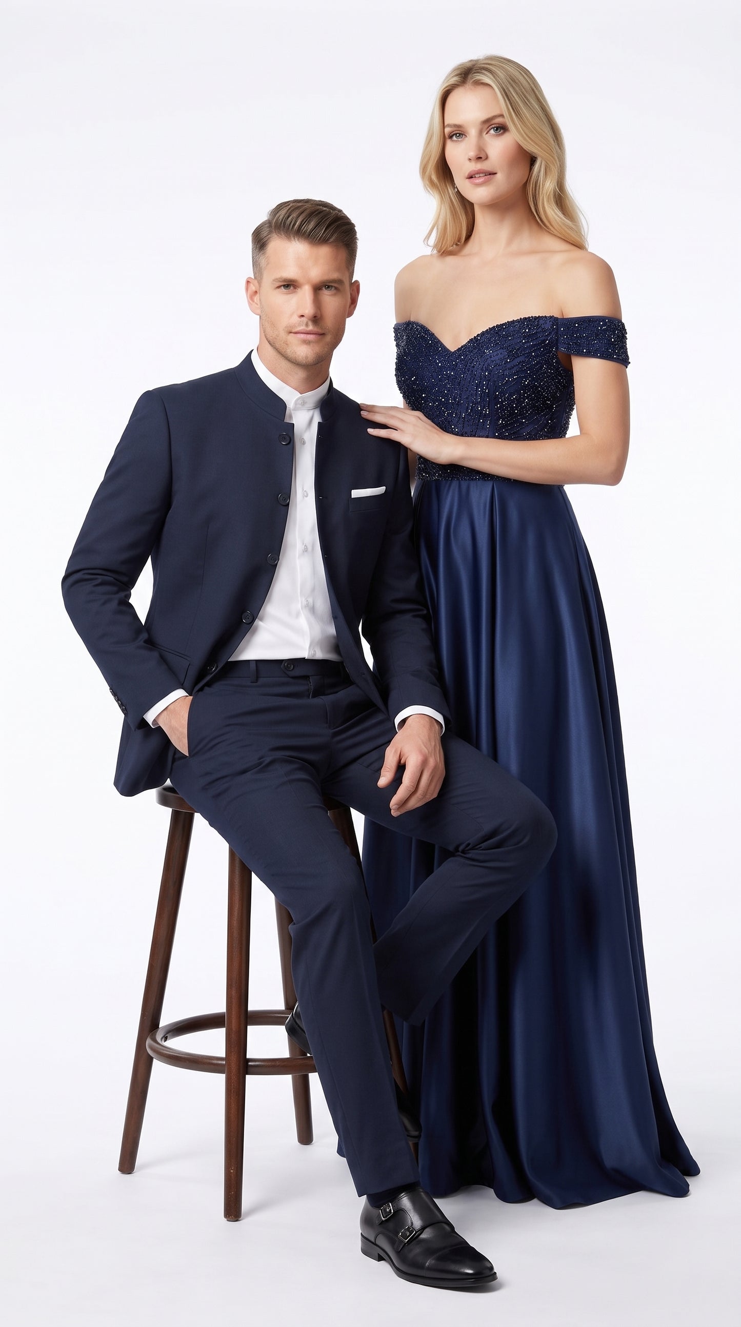 Men’s Dark Navy Blue Mandarin Collar Suit, Banded Collar Formal Wedding Business Dress Suit