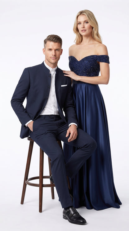 Men’s Dark Navy Blue Mandarin Collar Suit, Banded Collar Formal Wedding Business Dress Suit