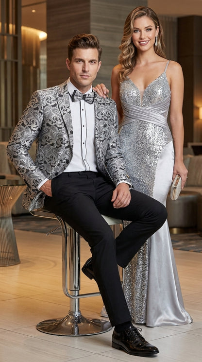 Men’s Silver Grey & Black Paisley Dinner Jacket – Formal Tuxedo Blazer