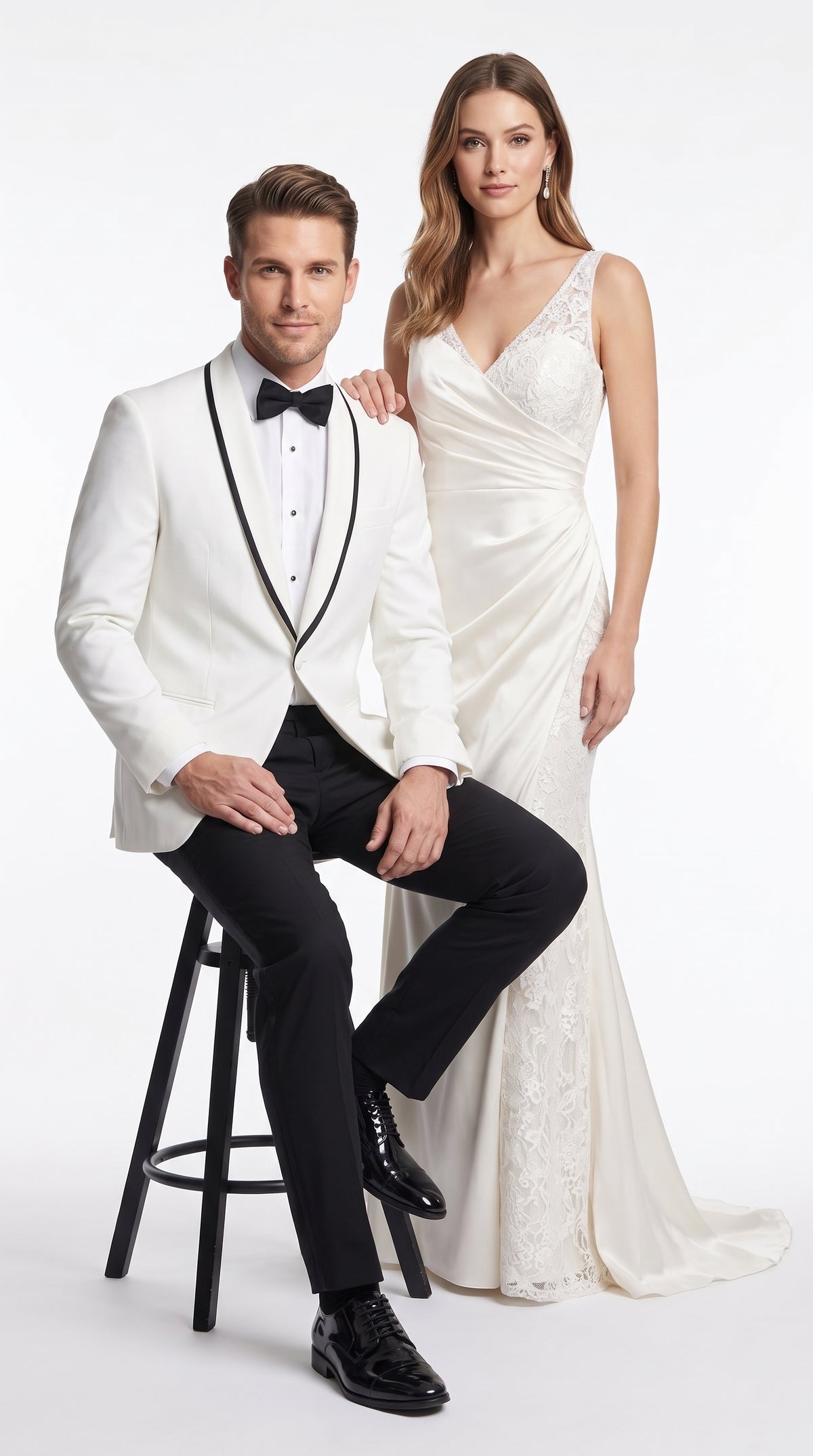 Men’s White and Black Trim Prom Tuxedo Suit, Shawl Collar Wedding Jacket with Pants and Vest