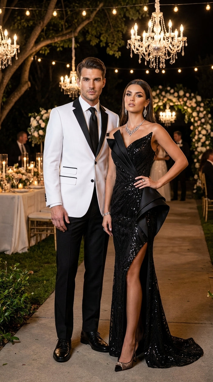 Boys White and Black Two Tone Tuxedo Suit, 2 Button Wedding Party Dinner Jacket with Black Pants