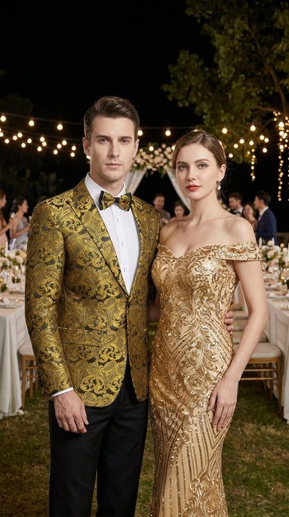 Men’s Gold Paisley Dinner Jacket Blazer – Fancy Formal Wedding Prom Party Tuxedo Jacket