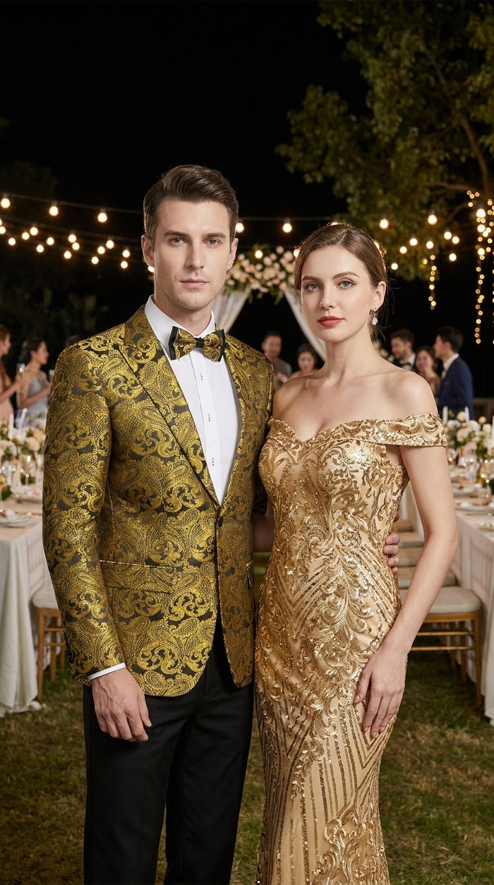 Men’s Gold Paisley Dinner Jacket Blazer – Fancy Formal Wedding Prom Party Tuxedo Jacket