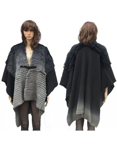 Fur Grey Genuine Cape With Rabbit  Trimming