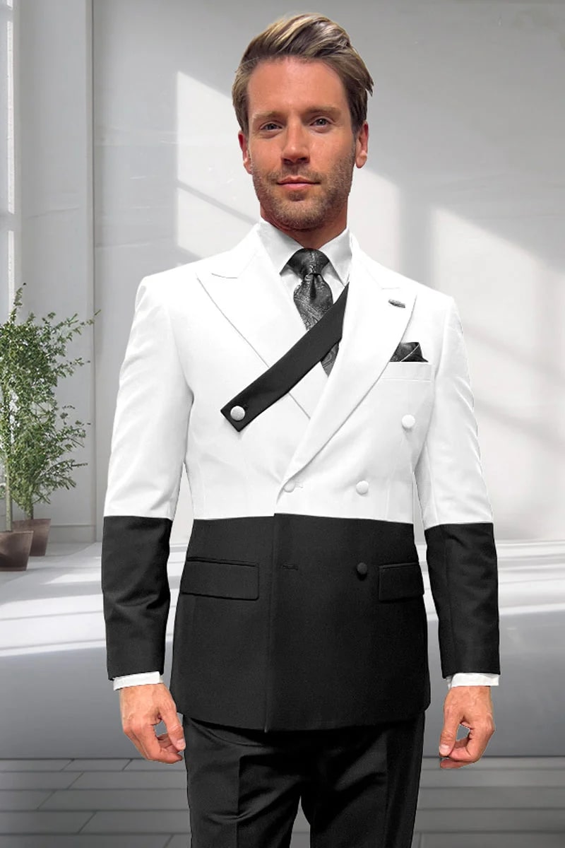 Mens Designer Double Breasted Suit  Wool Two Tone Black and White Style