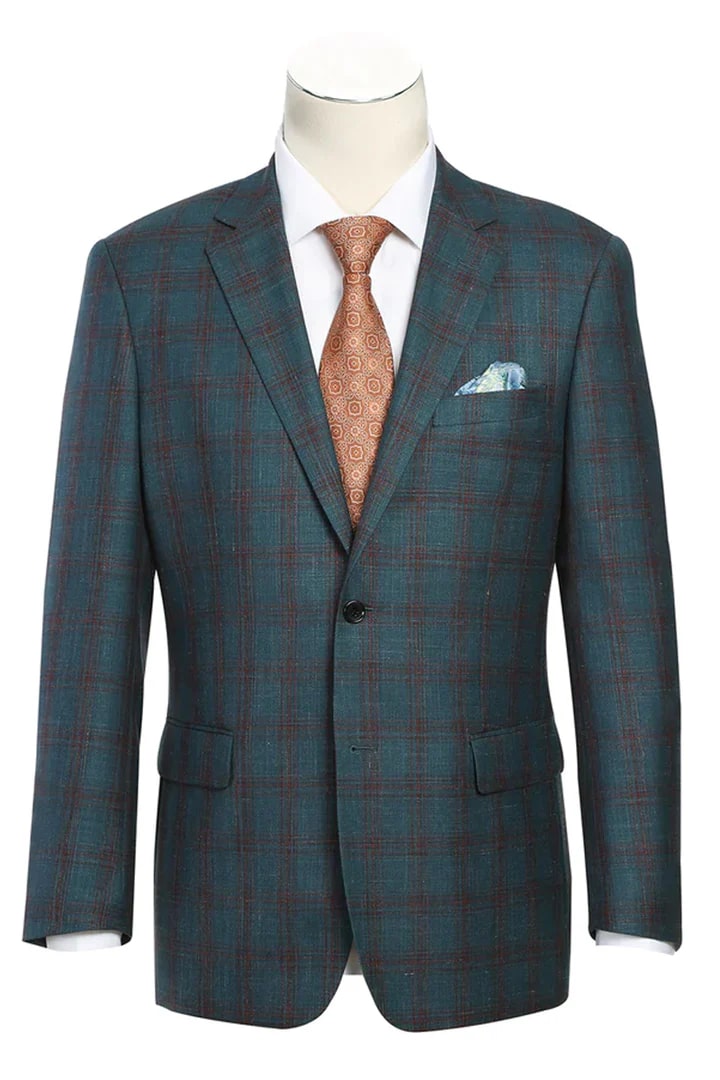 Saco vaquero - Western Sport Coat - Western Blazer- Mens Classic Fit Two Button Wool & Linen Sport Coat Blazer In Teal Blue Windowpane Plaid