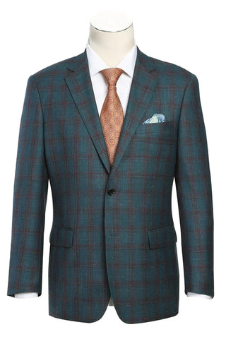 Saco vaquero - Western Sport Coat - Western Blazer- Mens Classic Fit Two Button Wool & Linen Sport Coat BlazerTeal Blue Windowpane Plaid