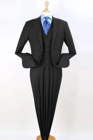 Mens Two Button Pleated Pant Classic Fit Vested Suit in Black