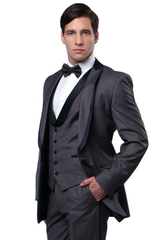 Mens Gray Tuxedo - Grey Wedding Suit-Mens One Button Satin Trimmed Peak Lapel Vested Fancy Tuxedo In Charcoal Grey