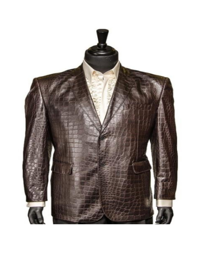 Zacchi Chocolate Brown Vegan Faux Leather Croc Pattern 2 Buttons Casual Blazers