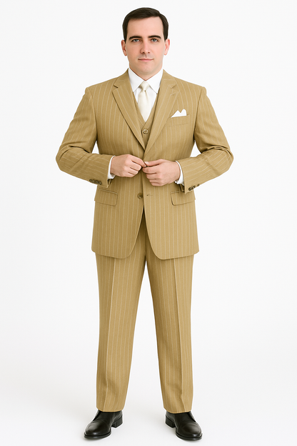 Classic Beige Pinstripe 3-Piece Suit for Men  Timeless Formal Wear