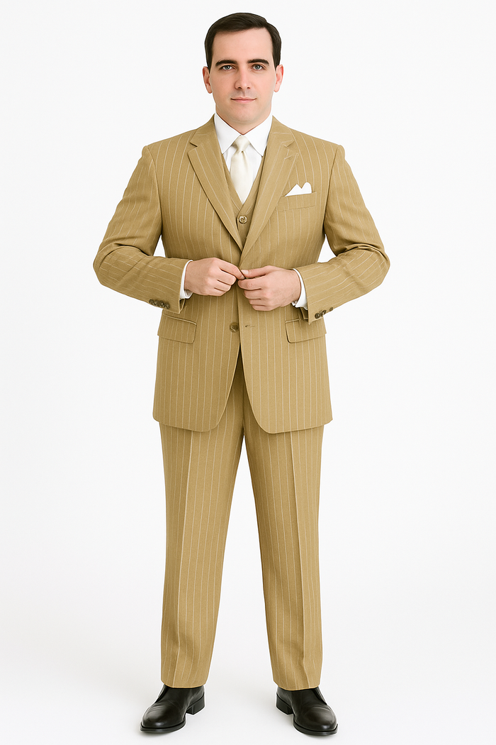 Classic Beige Pinstripe 3-Piece Suit for Men  Timeless Formal Wear