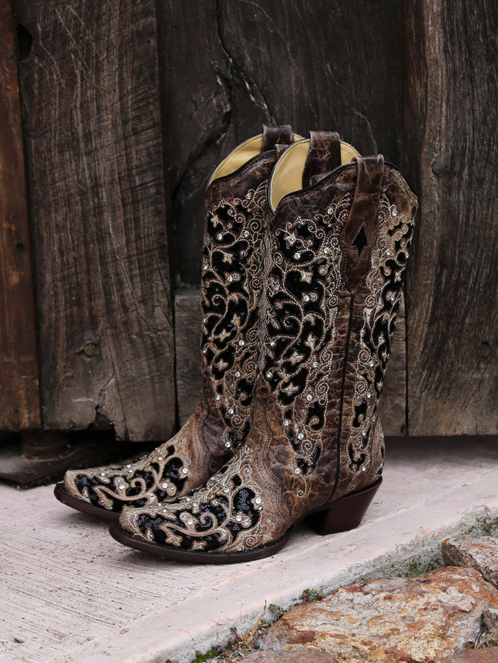 Corral Women's Black Glitter Inlay Crystal Snip Toe Cowboy Boots