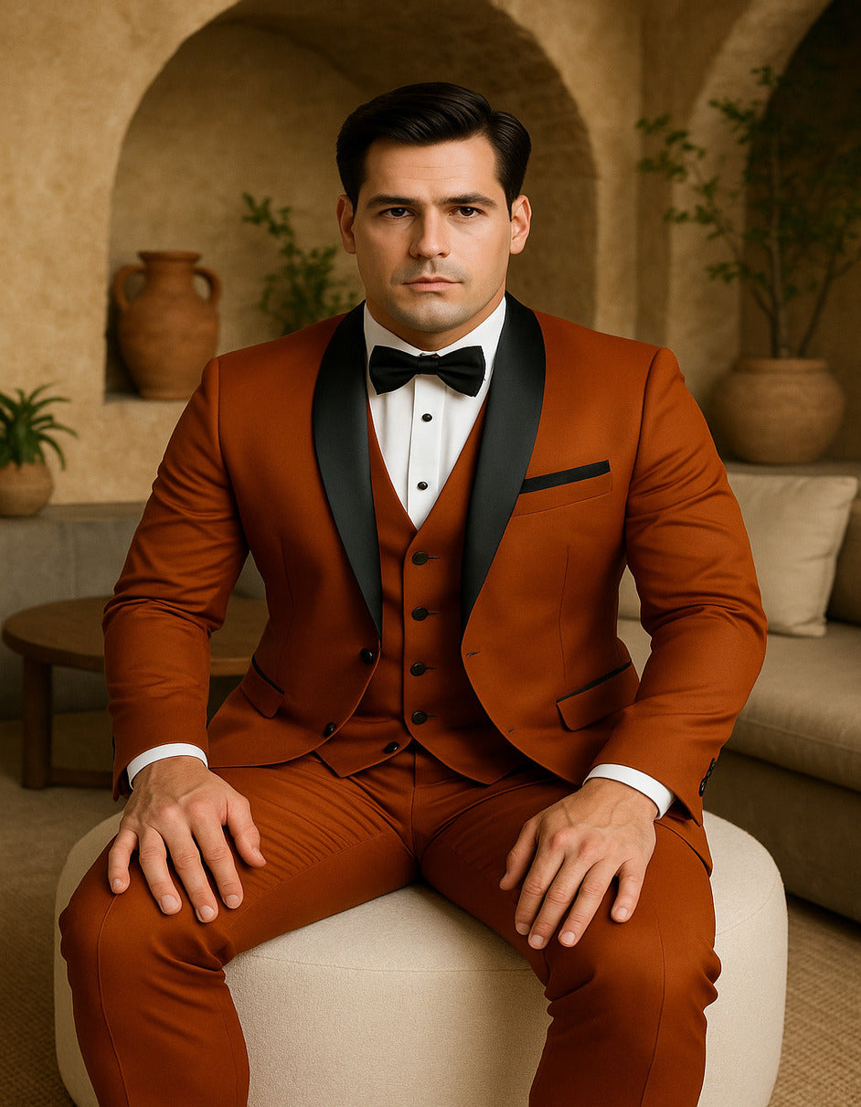 Men’s 3-Piece Burnt Orange Tuxedo – Slim Fit Design with Black Satin Lapel - Brick Rustish Color