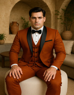 Mens 3-Piece Burnt Orange Tuxedo  Slim Fit Design with Black Satin Lapel - Brick Rustish Color