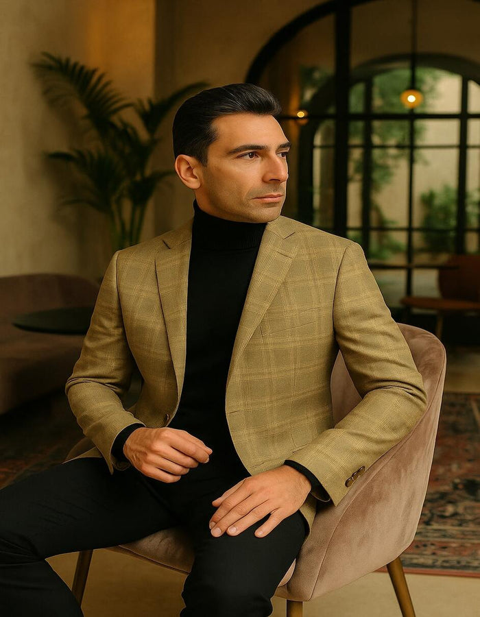 Men's Light Brown Plaid Sport Coat  Classic Check Blazer for Business and Casual Wear in Tan Windowpane Taupe Color