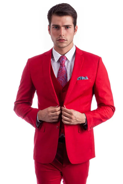 "Red Slim Fit Men's Suit - Two Button Vested Solid Basic Color"