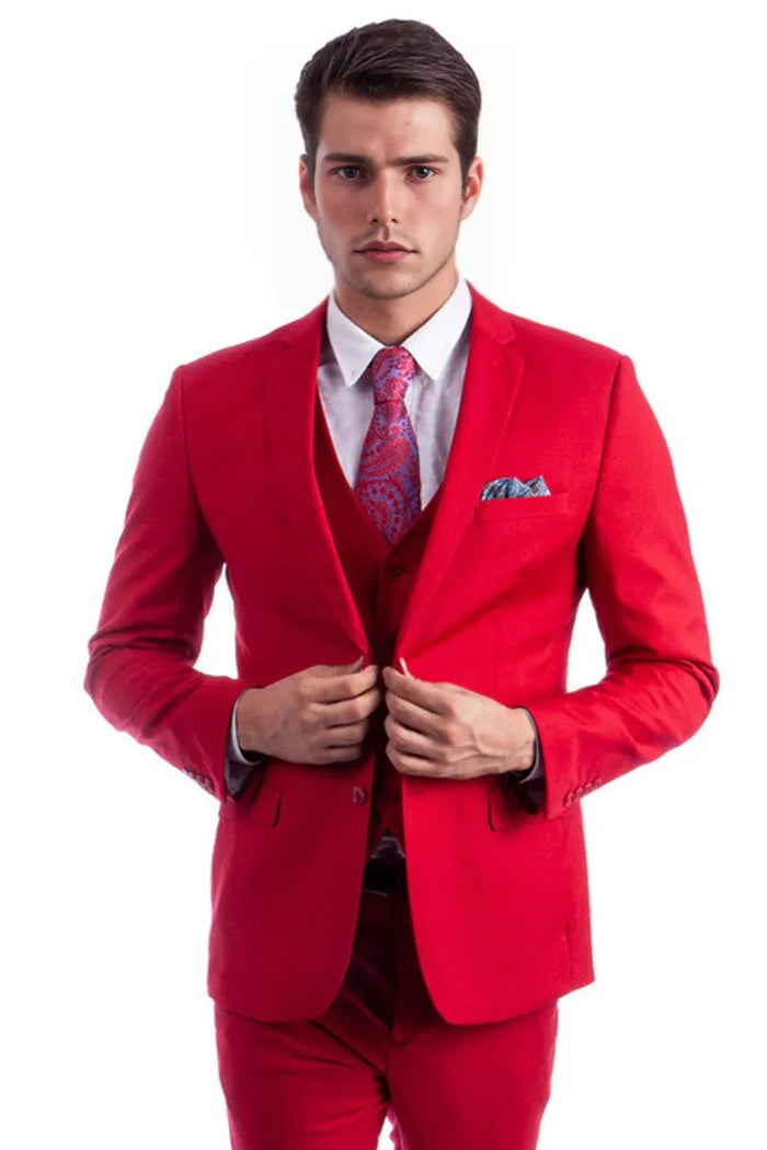 "Red Slim Fit Men's Suit - Two Button Vested Solid Basic Color"