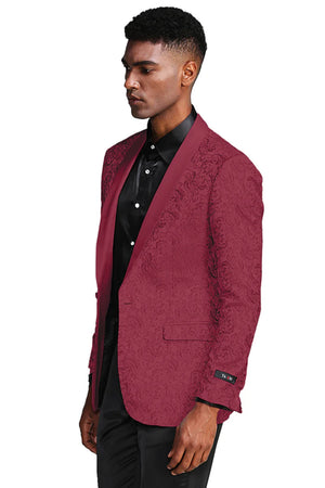 Burgundy paisley slim fit tuxedo jacket  men's wedding & prom blazer with satin shawl lapel