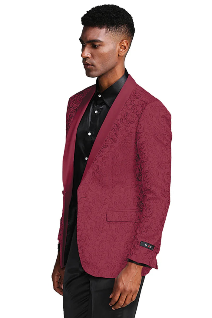 Burgundy paisley slim fit tuxedo jacket  men's wedding & prom blazer with satin shawl lapel