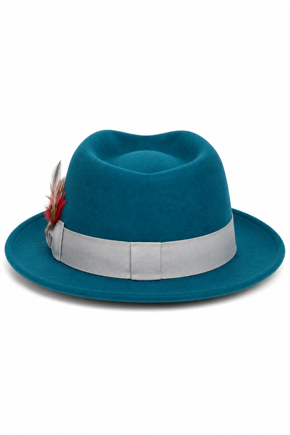 Gangster 100% Australian Wool Crushable Mens Fedora Hat - Removable Feather Gangster Look Brimmed Mens Fedora Hat