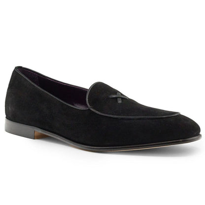 Zelli Hand-Stitched Sueded Goatskin Loafer with Crocodile Vamp in Black
