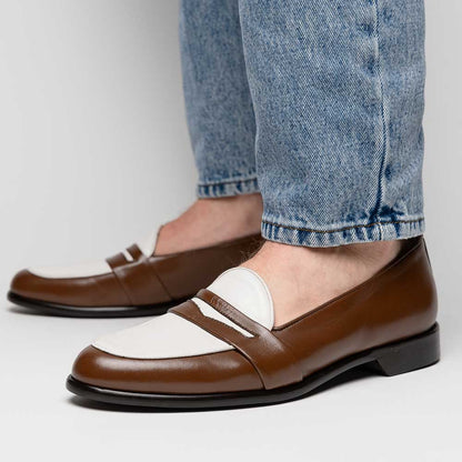 Zelli Alba Italian Calfskin Penny Loafers in Camel and Cream