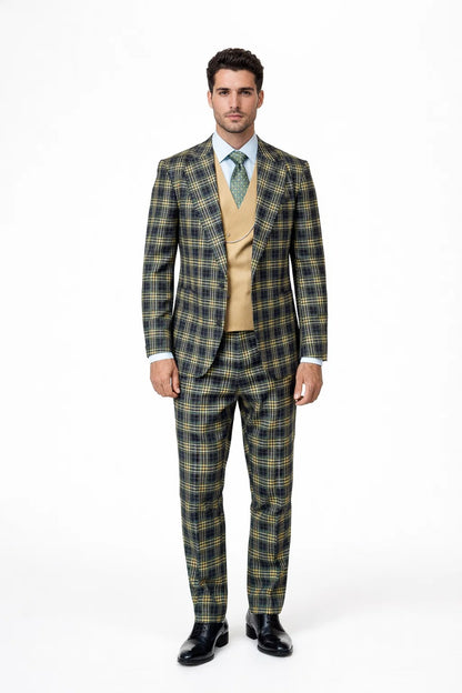 Statement Men’s 3-Piece Plaid Wool Suit – 100% Wool Modern Fit with Wide Peak Lapel