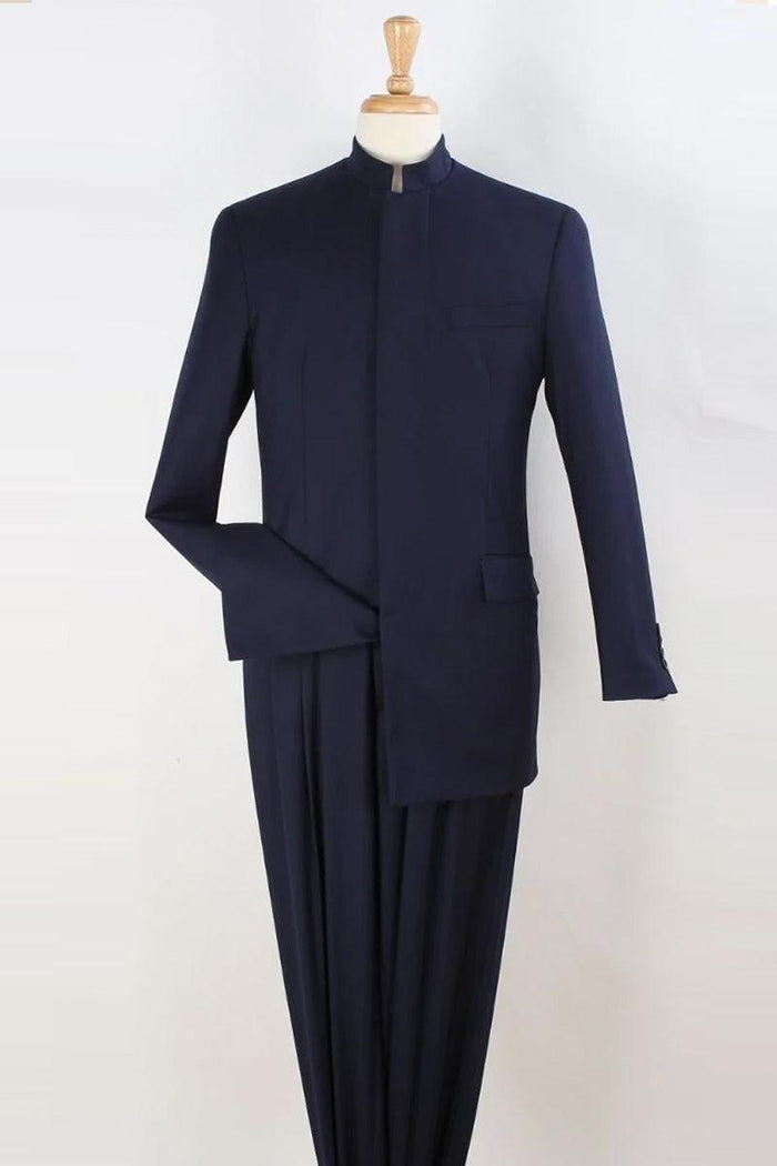 "Apollo King Men's French Front Navy Suit w/Mandarin Banded Collar" - USA Men's Outlet
