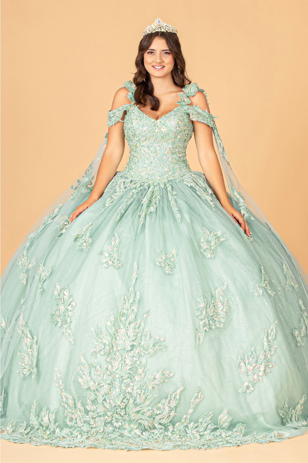Applique Cape Sleeve Ball Gown by Elizabeth K GL3099 - XS / Sage - Quinceanera Dresses