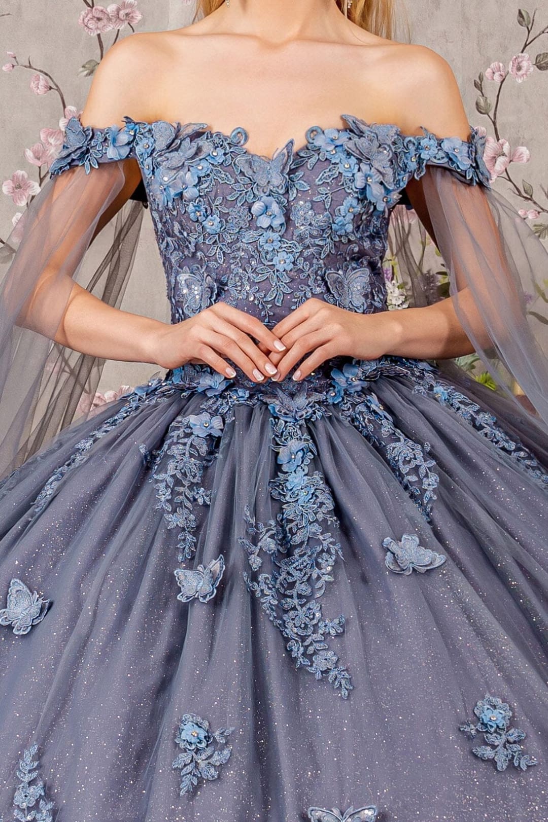 Applique Cape Sleeve Ball Gown by Elizabeth K GL3181 - Quinceanera Dresses