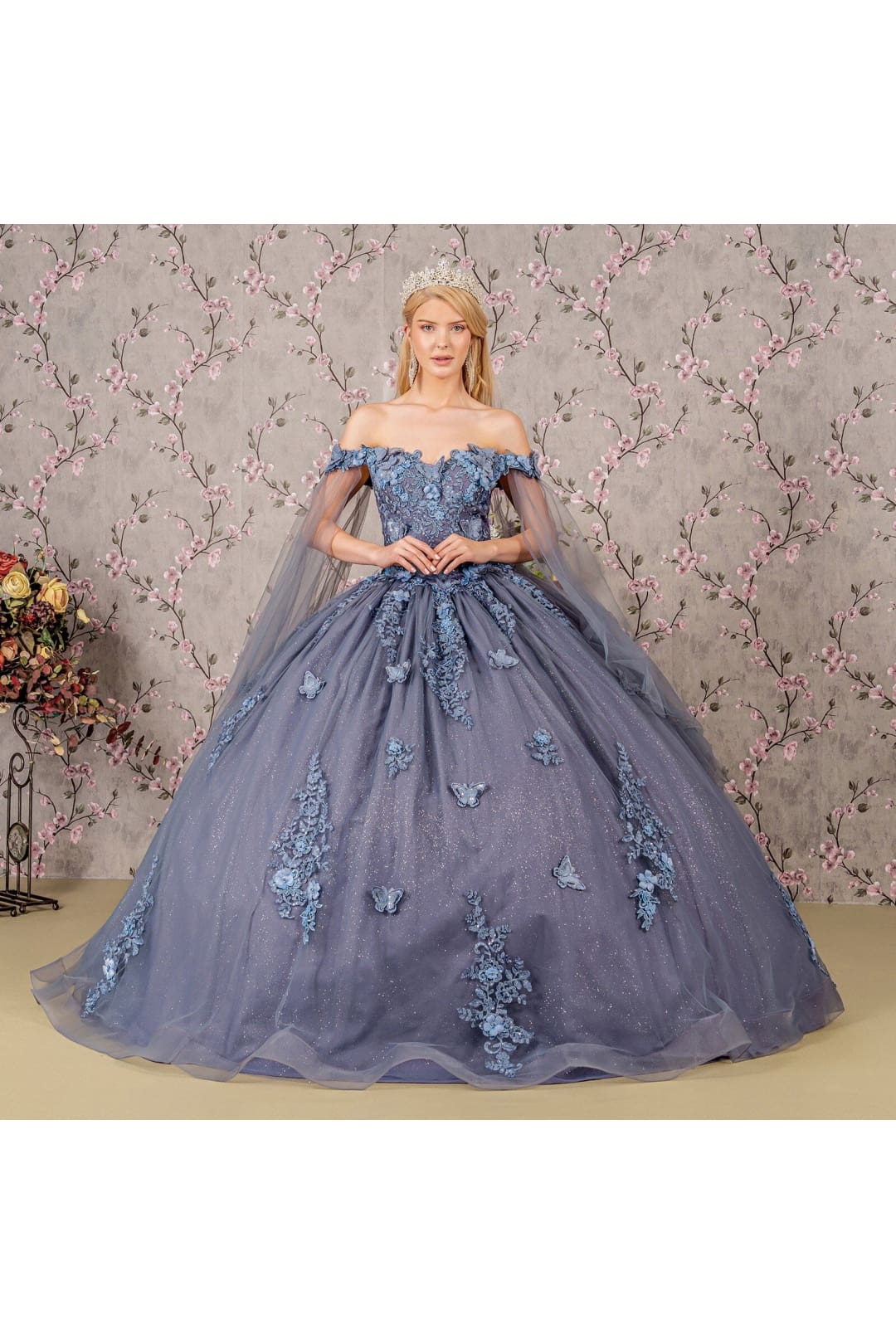 Applique Cape Sleeve Ball Gown by Elizabeth K GL3181 - Quinceanera Dresses