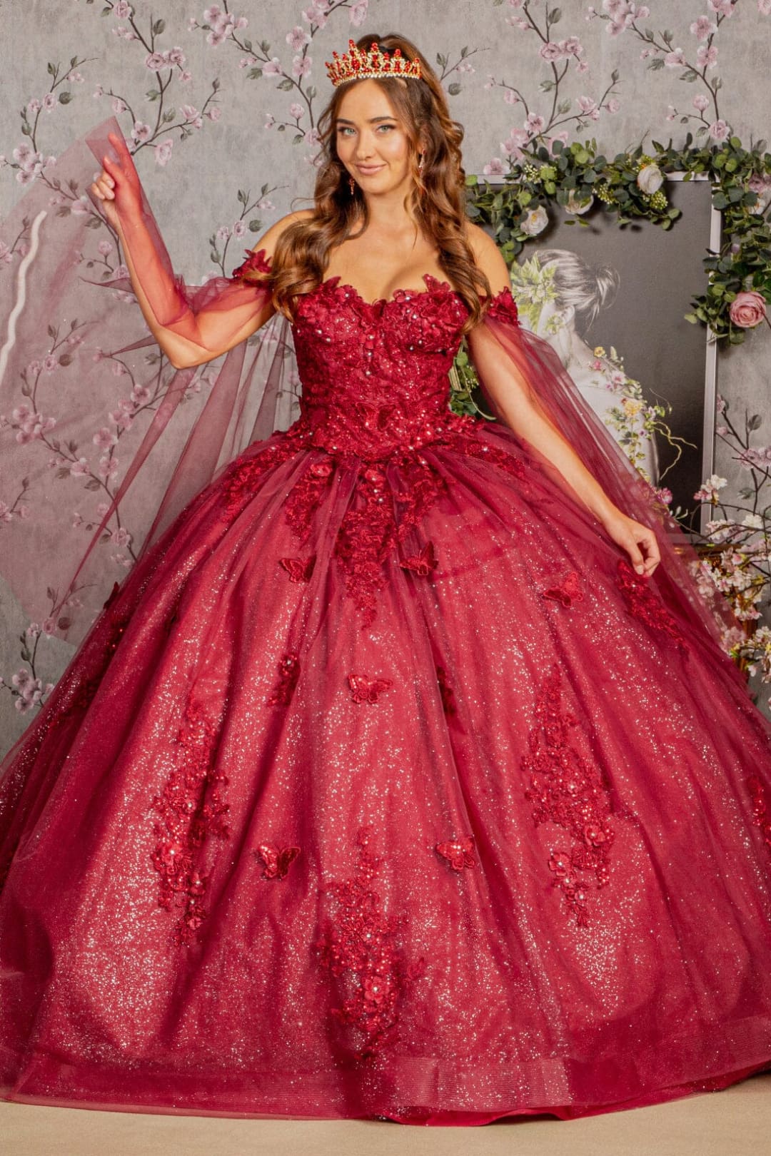 Applique Cape Sleeve Ball Gown by Elizabeth K GL3181 - XS / Burgundy - Quinceanera Dresses