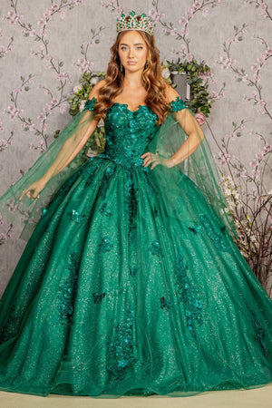 Applique Cape Sleeve Ball Gown by Elizabeth K GL3181 - XS / Hunter Green - Quinceanera Dresses
