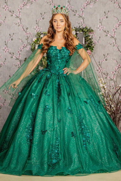 Applique Cape Sleeve Ball Gown by Elizabeth K GL3181 - XS / Hunter Green - Quinceanera Dresses