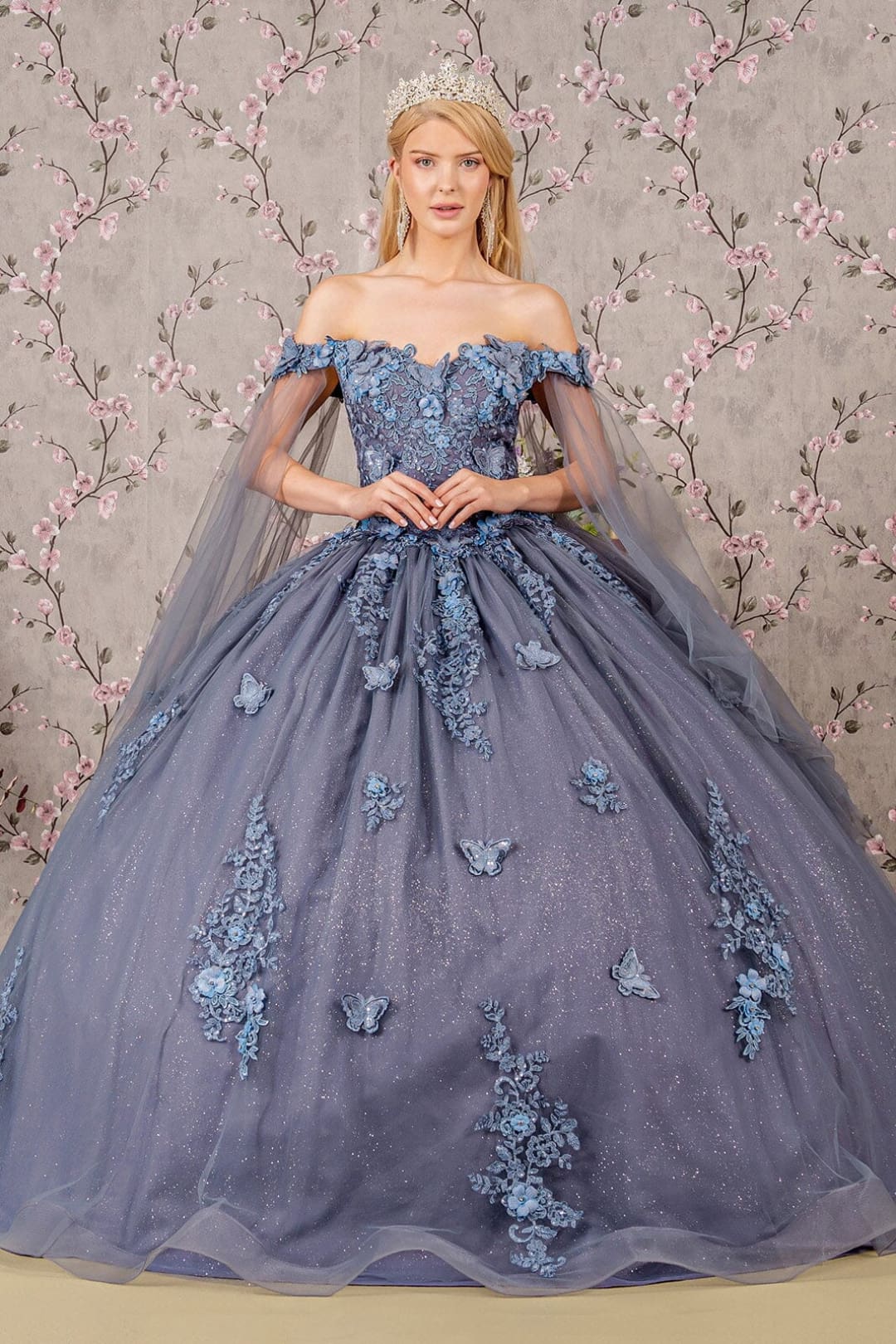 Applique Cape Sleeve Ball Gown by Elizabeth K GL3181 - XS / Smoky Blue - Quinceanera Dresses