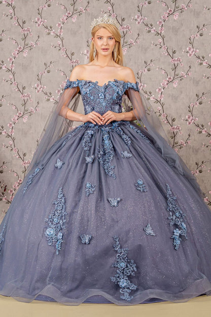 Applique Cape Sleeve Ball Gown by Elizabeth K GL3181 - XS / Smoky Blue - Quinceanera Dresses