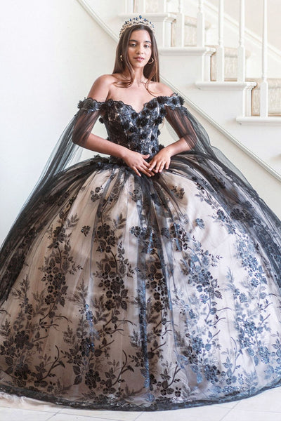 Applique Cape Sleeve Ball Gown by GLS Gloria GL3500 - XS / Black/Champagne - Quinceanera Dresses